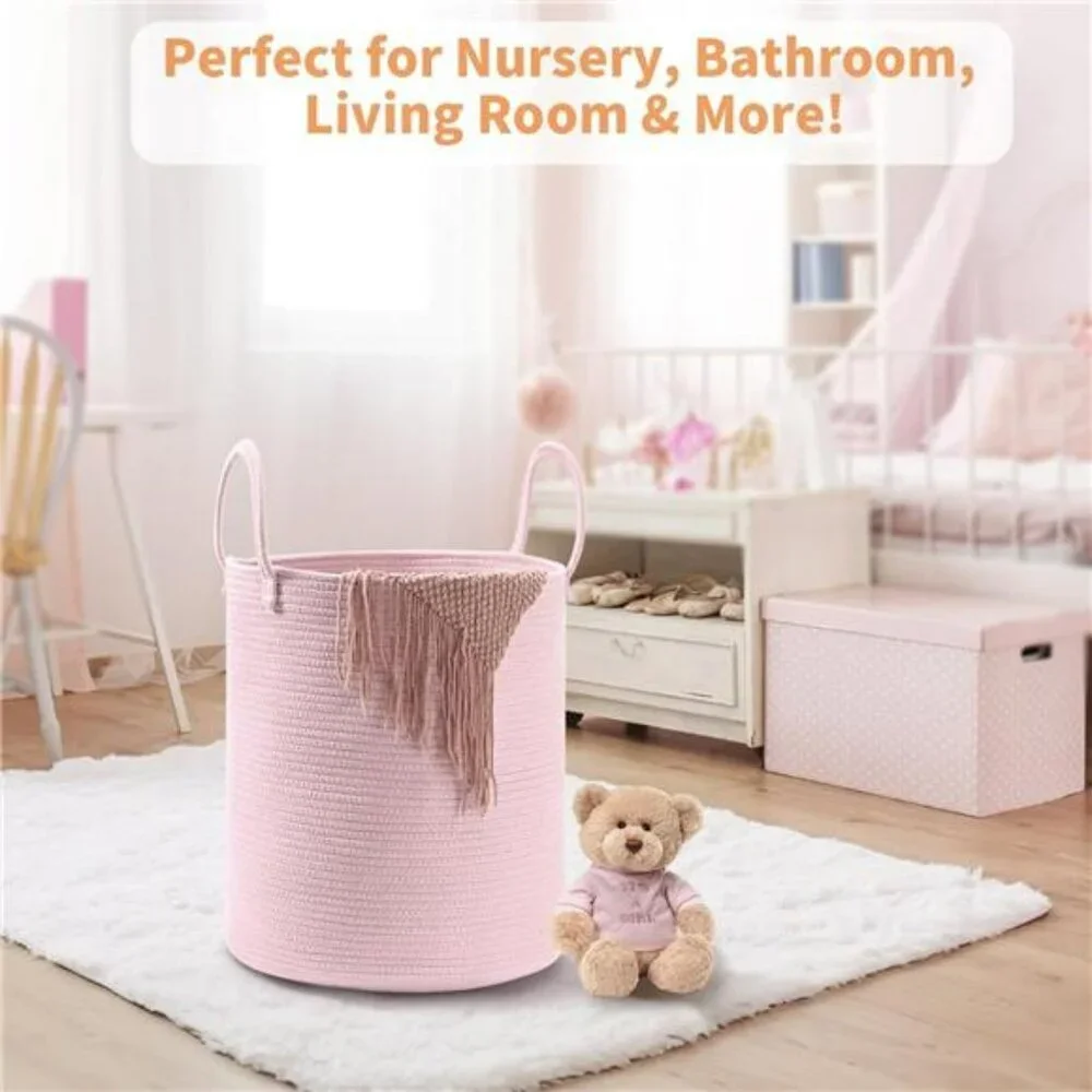 2 pack cotton rope laundry baskets tall woven storage bins pink beige nursery ha